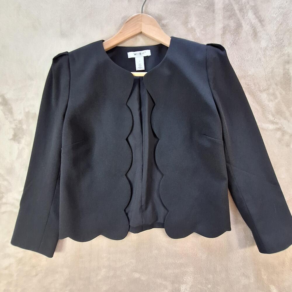 WHBM Blazer Womens 0 Black Scallop Hem Cropped Open Front Lined Jacket Career